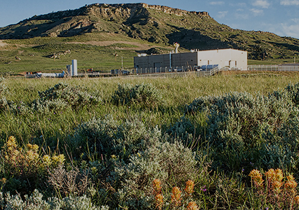 A scenic image of the Cameco resources facility amongst a field and mountain background